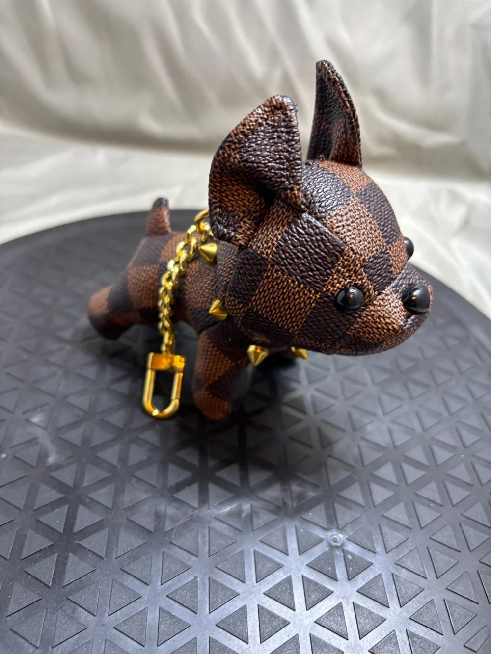 Luxury Brown Checkered Dog Keychain Charm with Gold Chain